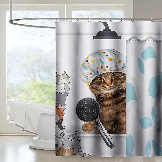 AILONEN Funny Cat with Shower Cap Shower Curtain for Kids 60" W*72" H Inch,Cute Cartoon Animals Bathroom Curtain,12 Pack Hooks Polyester Waterproof Fabric Decor for Bathroom,White