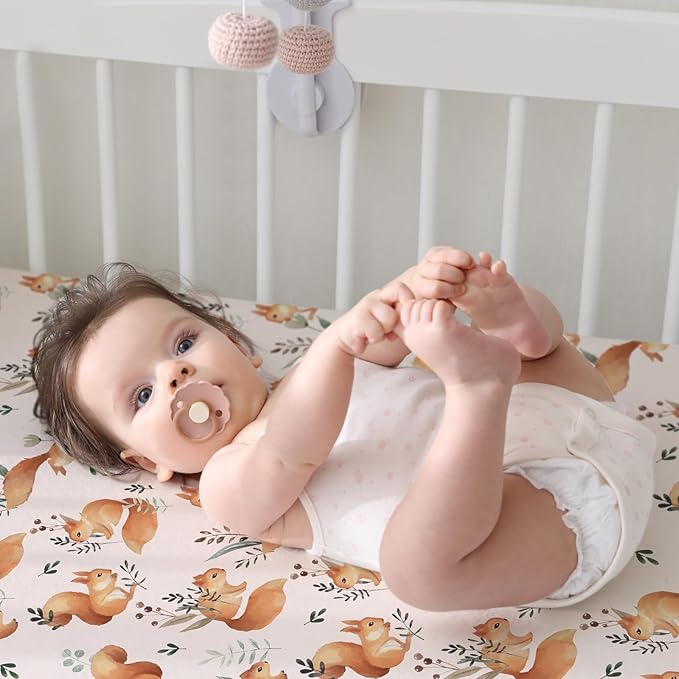 ACRABROS Crib Sheets for Girl Boy: Stretchy Baby Fitted Crib Mattress Sheets Sets 2 Pack Standard Size Ultra Soft Neutral, Squirrel&Leaf