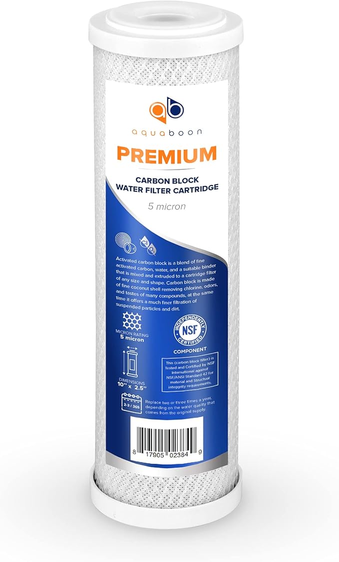 Aquaboon 5 Micron Water Filter 10 x 2.5 - Premium Carbon Block Water Filter - Carbon Water Filter Cartridges - Whole House Water Filter Cartridge Replacement Compatible with FXWTC, WFPFC8002, 5 Pack