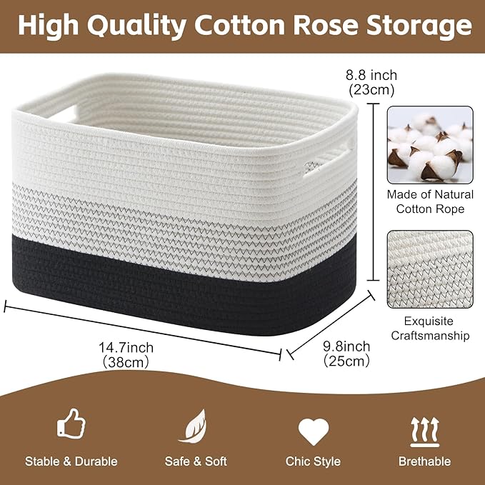 Cotton Rope Storage Basket, Woven Basket for Organizing, Rectangle Decorative Baskets for Shleves, Books, Toys, Towel Baskets for Bathroom - Pack of 3 (Gradient Dark)