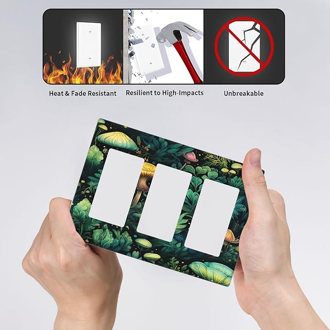 Green Dark Forest Mystical Mushroom 3 Gang Rocker Light Switch Covers Triple Outlet Wall Plate Decorative Switchplate Cover Faceplate GFCI for Country Bathroom Bedroom Kitchen Decor