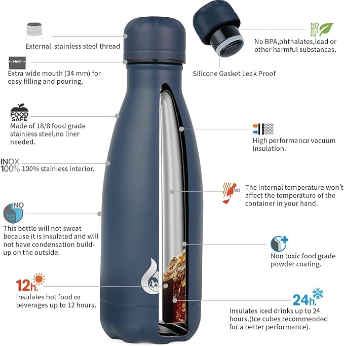 BJPKPK 12oz Water Bottle Stainless Steel Water Bottles Insulated Metal Water Bottle For Travel,Navy Blue