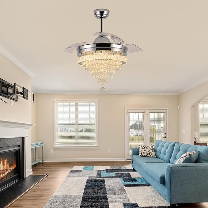 LEONTYNE 42" Modern Fandeliers Chandelier Ceiling Fan LED Dimmable Crystal Ceiling Fan with Light and Remote 6 Speed 3 Blades Retractable Fans for Bedroom Living Dining Room