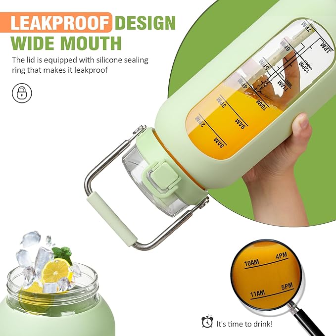 kytffu 64 oz Glass Water Bottle with Straw and Stainless Steel Handle, Half Gallon Water Bottle with Silicone Sleeve and Time Marker, 2L Large Glass Bottle for Gym, School, Travel, Leak-proof (Green)