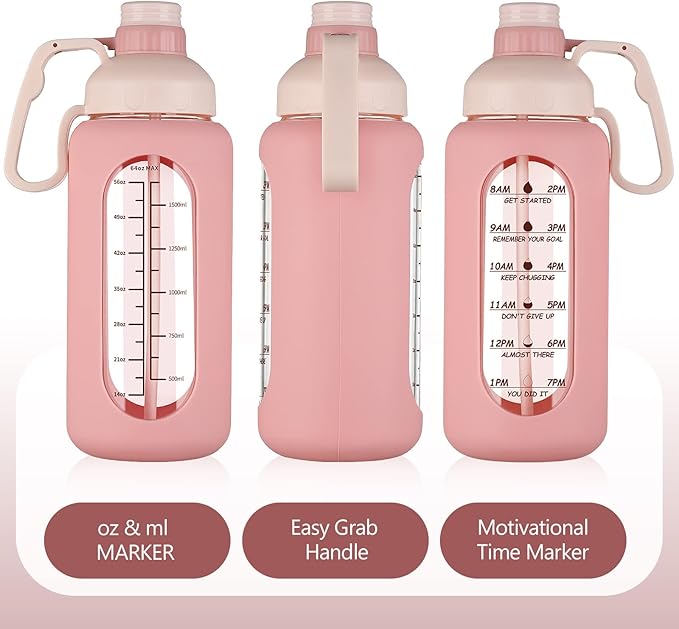 MUKOKO 64oz Glass Water Bottles with Straw, Half Gallon Water Bottle with Time Marker, Motivational Water Bottle with Silicone Sleeves,Large Glass Water Bottle for Gym,Working,Outdoor,Pink