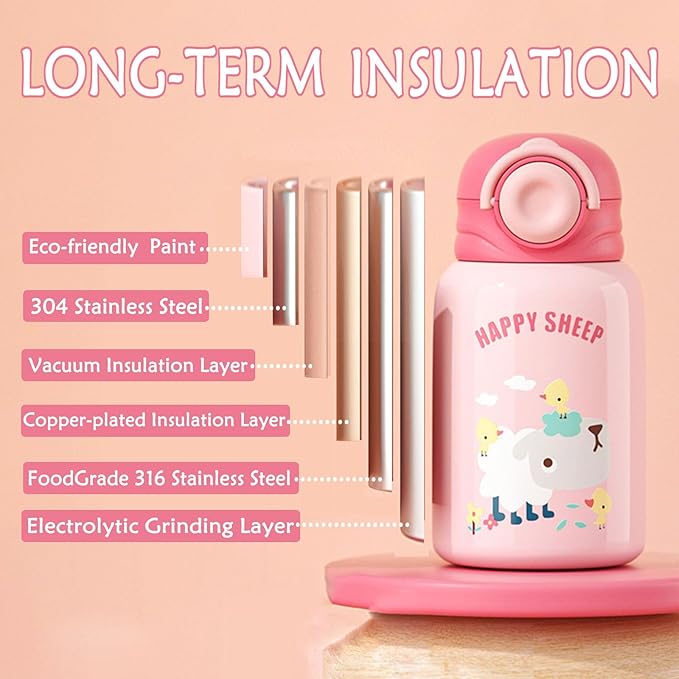 Kawaii Insulated Water Bottle, 15 oz Reusable Travel Bottle with Sleeve and Straw,Cute Water Bottle for Travel Sports Camping and Kids Girl Gifts (PINK)