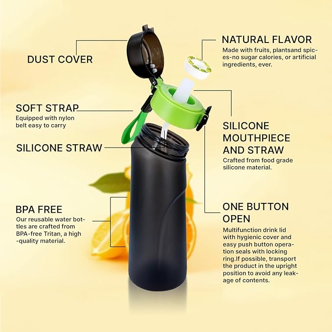 Water Bottle,650 ml scent water bottle with 5 flavor pods,Leak proof and BPA-free sports water bottle with straw,suitable for outdoor sports,0 sugar,0 calorie,Ideal gift (black)