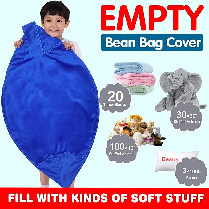 Lukeight Stuffed Animal Storage Bean Bag Chair Cover for Kids, Zipper Beanbag Chair Cover for Organizing Toddler and Kids' Rooms Plush Toys (Solid Blue, XX-Large)