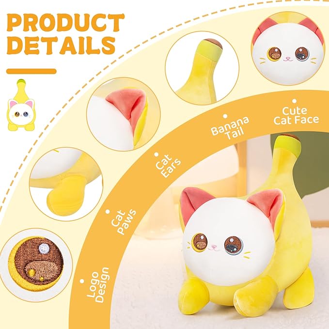 Stuffed Animal Plushie Toy, Cute Big Eyes Cat Plush Stuffed Pillow, Banana Cat with Heterochromatic Eyes Stuffed Animals Pillow, Birthday Stuffed Toy for Kids & Adults