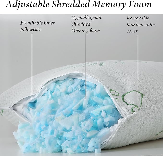 Shredded Memory Foam Pillows for Sleeping, Cooling Zippered Breathable Memory Foam Bed Pillow 2 Pack, Queen Size Firm Pillow Gel for Neck Support, Hotel Quality Bed Rest Pillow Set of 2