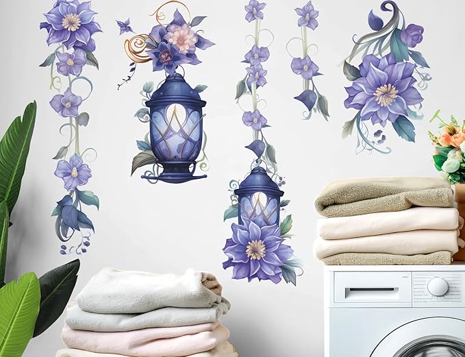 Hanging Flower Vine Wall Stickers Floral Lamp Wall Decals DIY Removable Peel and Stick Flower Vine Mural Art Decor for Living Room Bedroom TV Background Spring Party Decoration (Blue)