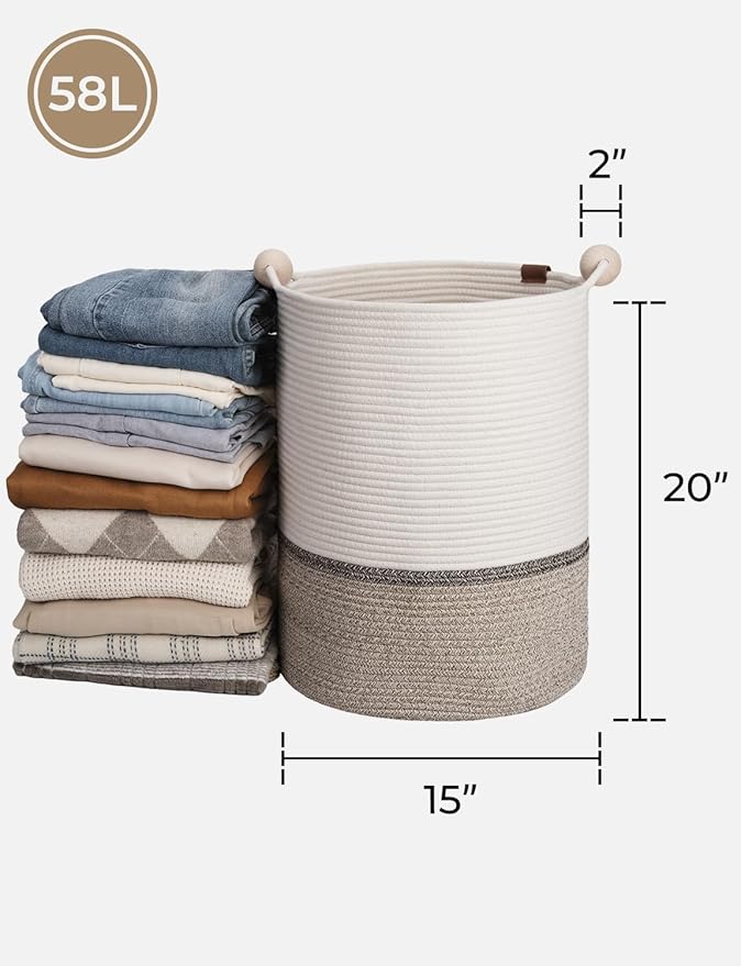 StorageWorks 58L Cotton Rope Laundry Basket with Wooden Beads Handles, Woven Basket for Storage, Dirty Clothes, Kids Toys, Towels, White & Light Brown
