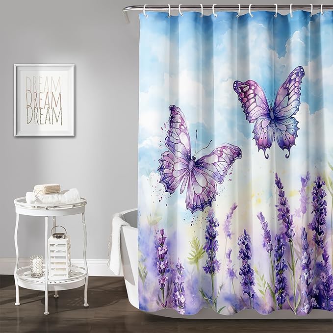 AILONEN Beautiful Butterfly Shower Curtain for Kids Girls Boys, Flying Butterfly Bath Curtains for Bathroom,Blossoming Lavender Flowers Shower Curtain Set with Hooks,72" W*96" H