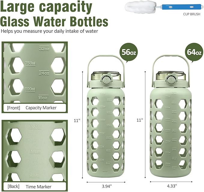 MUKOKO 56oz Glass Water Bottles with Straw and Lid,Motivational Water Jug with Time Marker Reminder and Silicone Sleeve,100% Leakproof BPA Free Fitness Sports Large Bottle-Green