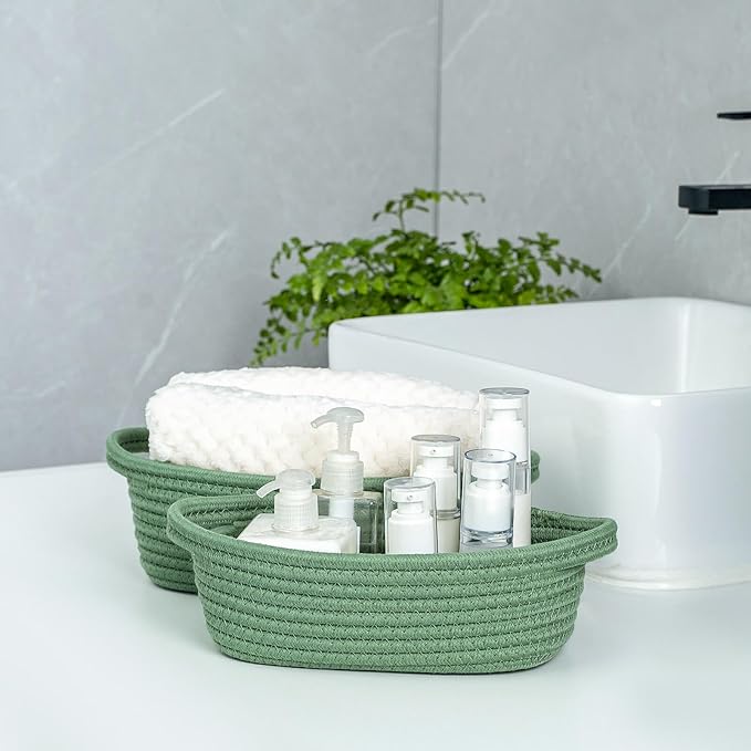 CubesLand Small Shelf Shelves Closet Basket,Woven Toy Basket Bin for Organizing,Storage Cube Organizer Basket Bin,Cute Rope Gifts Basket,Back Shool Supplies,Over Toilet Storage Basket,Green 5-Piece