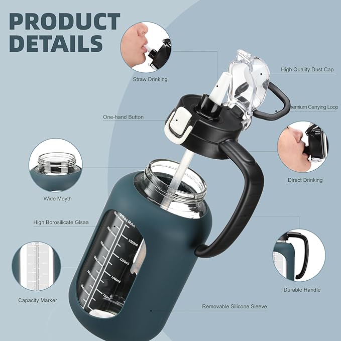 64oz Glass Water Bolttles Half Gallon Large Motivational Water Bottle with Time Marker Sports Water Bottles with Silicone Sleeve and Handle Lid Water Jug for Gym Workout-1 Pack