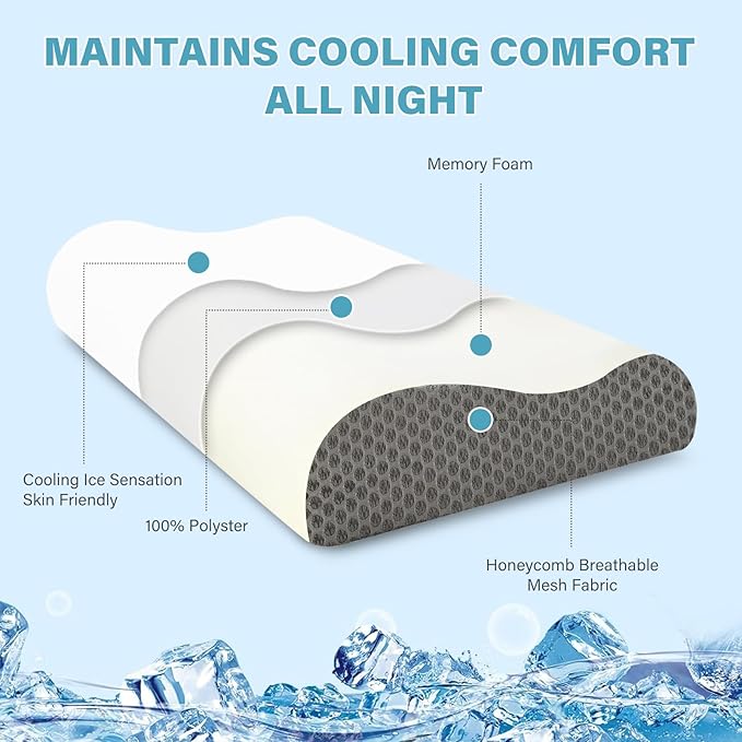 Memory Foam Cooling Bed Pillows for Sleeping, Ergonomic Cervical Pillow for Neck and Shoulder Pain Relief, Adjustable Cold Pillow with Pillowcase