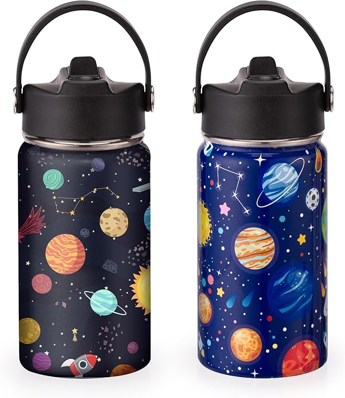 Kids Insulated Water Bottle, 2 Pack 12oz Space Water Bottles Bulk with Flip Straw & Big Handle, 18/8 Stainless Steel, Gifts for Kids Boys Girls to School Travel Sports, Hands Wash Only, Blue & Black