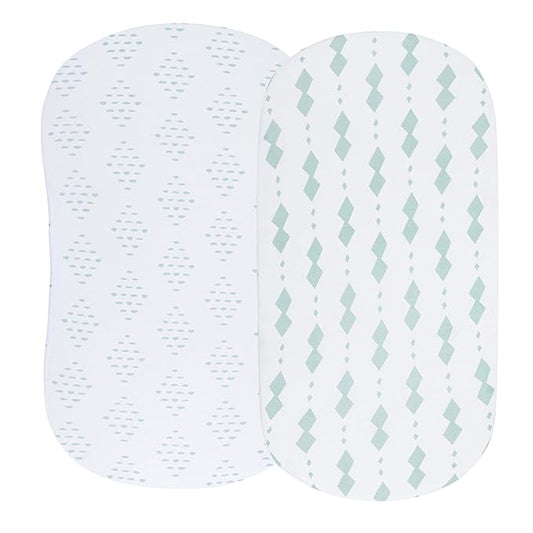 Bassinet Sheets Fitted Cover - Flexible Fit 100% Soft Jersey Knit Cotton - Neutral Grey Sage Diamond - 2 Pack Set