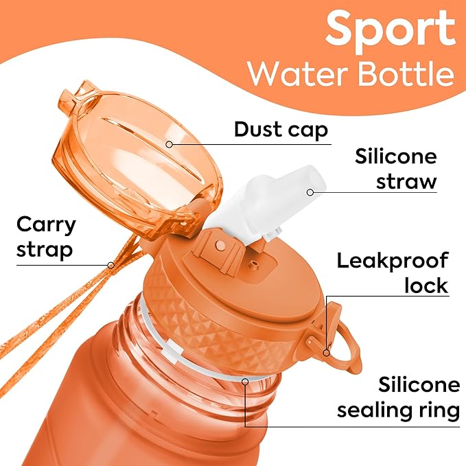 OLDLEY Kids Water Bottle with Straw 15 oz Motivational Water Bottles with Time Marker for School Travel, Spill Proof Sports Water Bottle for Girls Boys,1 Straw Lid,Orange/Green