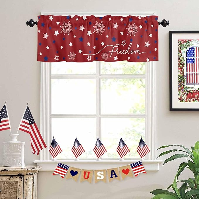 Patriotic 4th of July Kitchen Curtains Valances for Windows Red White Blue Stars Freedom Rod Pocket Window Treatment for Kitchen /Living Room/Bedroom/ Bathroom, 54" X 18", Memorial Day Summer