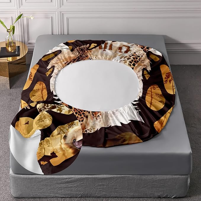 AILONEN Cute Bear Twin Fitted Sheet Set for Girls Boys, Bear Paw Sheet Leopard Print Fitted Sheet with 2 Pillowcases,3 Pieces Rustic Vintage Bear Bed Sheet Set