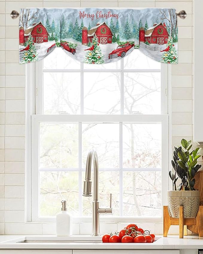 Red Truck Christmas Blackout Tie Up Valance Curtains for Kitchen Windows Merry Christmas Farmhouse Window Toppers Balloon Shades for Living Room/Bathroom/Bedroom,1 Panel, 42" X 12", Winter Xmas Tree
