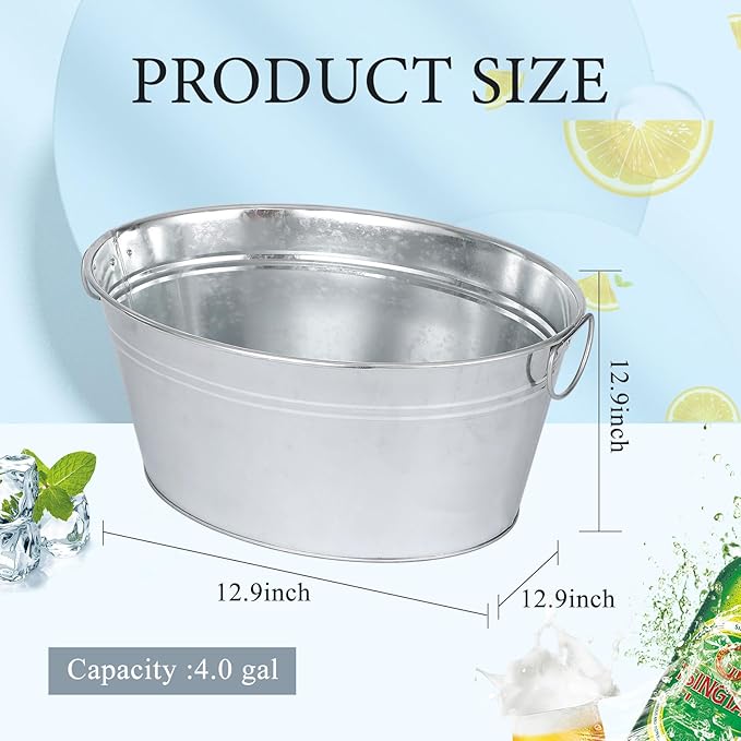 Ice Bucket, Oval Beverage Tub, Galvanized Bucket and drink Cooler for Parties, Ice Tub with Handles for Beer Sparkling Whisky Wine Cocktails (3.5gal) (Galvanized)