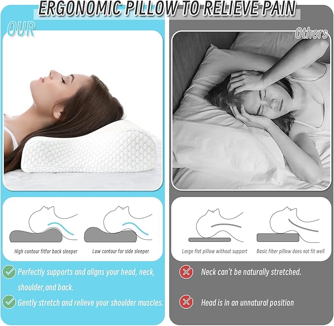 Gute Contour Memory Foam Pillow for Neck Pain Relief, Ergonomic Two Heigths Cervical Pillow for Sleep, Neck Pillow with Washable Cover, Bed Pillows for Side, Back and Stomach Sleepers, Standard