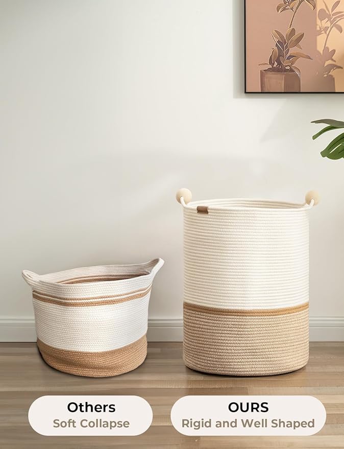 StorageWorks 58L Cotton Rope Laundry Basket with Wooden Beads Handles, Woven Basket for Storage, Dirty Clothes, Kids Toys, Towels, White & Khaki