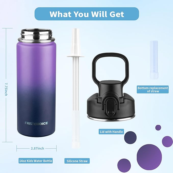 Insulated water bottle with Straw,18oz Stainless Steel Water Bottle for Adult Kids,Double Wall Vacuum Wide Mouth Insulated Water Bottle for School,BPA-free and Leak-proof（18oz,Purple Navy blue）