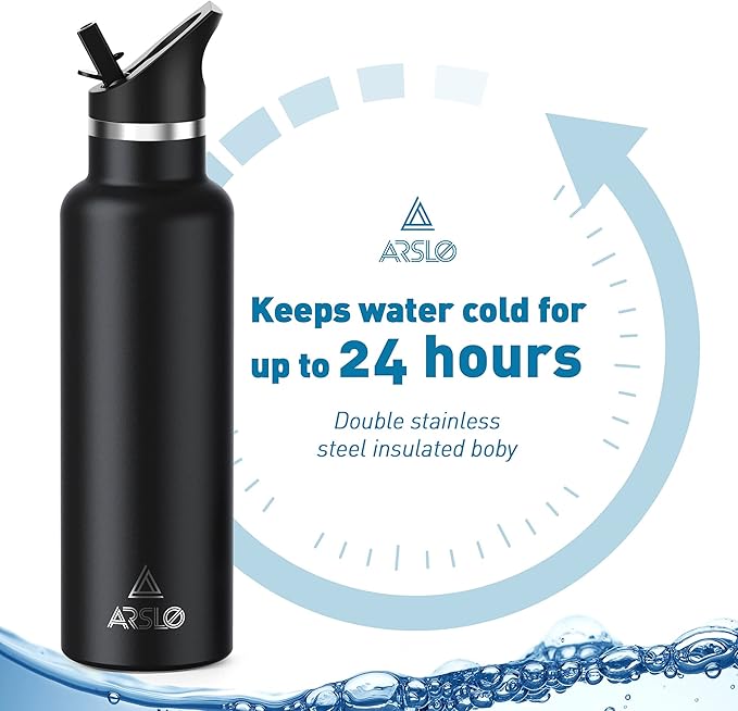 Stainless Steel Double Wall Water Bottles 12oz, Vacuum Insulated Bottle With Straw Lid, Insulated Water Bottle Keeps Water Cold for 24 Hours, Hot for 12 Hours, Hiking, Sports