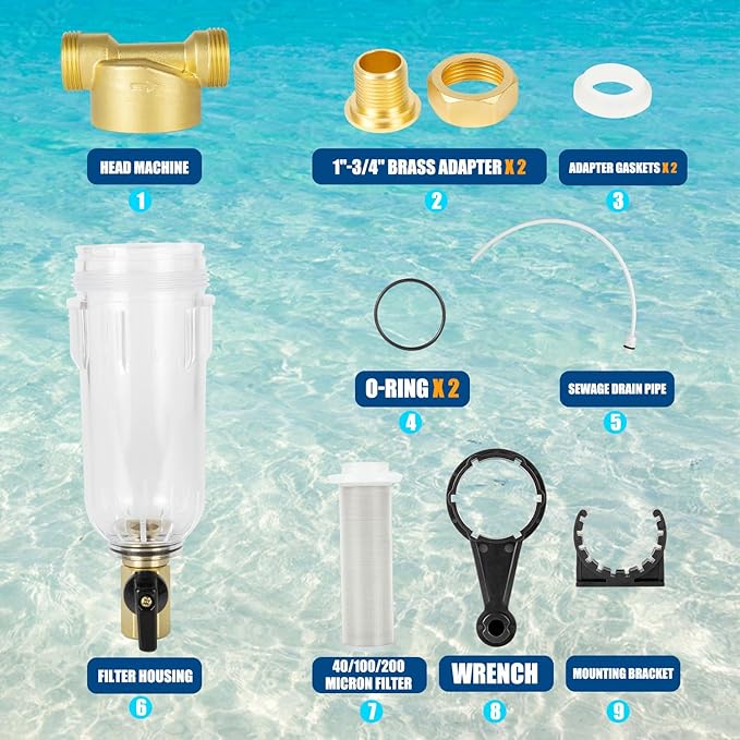 WHC40 Sediment Filter，40 & 100 & 200 Micron Spin Down Water Sediment Filter，Reusable Whole House Sediment Water Filter, Pre-Filtration System for Well Water 1" MNPT + 3/4" FNPT + 3/4"MNPT