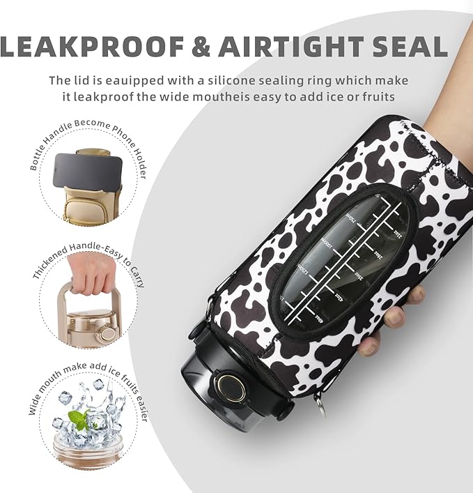 Half Gallon 64oz Glass Water Bottle with Straw and Storage Sleeve Motivational Water Bottle with Strap and Time to Drink 2L Leakproof Reusable Water Jug for Fitness Gym and Outdoors