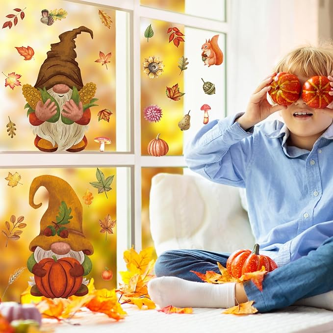 Fall Window Clings Autumn Window Stickers 9 Sheet Window Wall Decals for Home Fall Thanksgiving Decorations Cute Gnome Maple Leaves Pumpkin Stickers