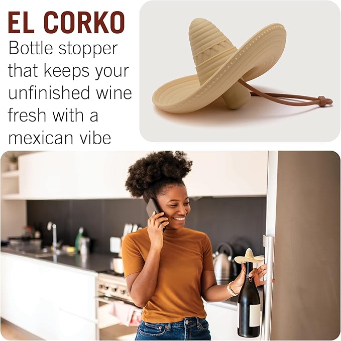 Monkey Business Elcorko Silicone Wine Stopper, Bottle Stopper with Sombrero Design, Wine Accessories, Keeps Wine Fresh, Wine Gifts