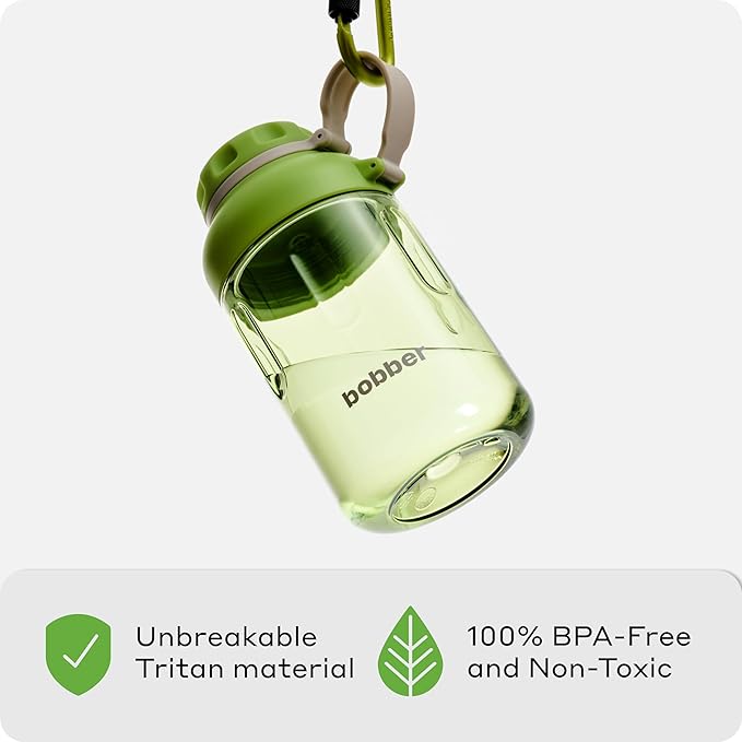 BOBBER 20 oz Tritan Water Bottle with Ice Strainer & Strap — BPA Free, Leak Proof & Dishwasher Safe Wide Mouth Hard Plastic Water Bottle — Stylish Plastic Water Bottles for Women, Men, Workout (Green)