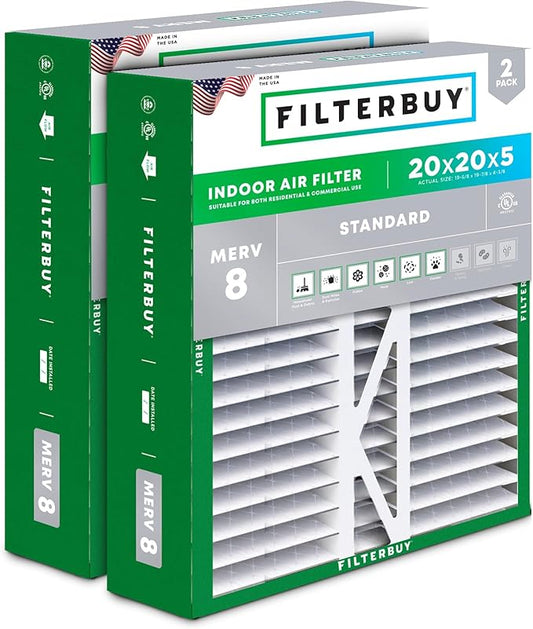 Filterbuy 20x20x5 Air Filter MERV 8 Dust Defense (2-Pack), Pleated HVAC AC Furnace Air Filters Replacement for Honeywell FC100A1011, Lennox X0585 & More (Actual Size: 19.63 x 19.88 x 4.38 Inches)