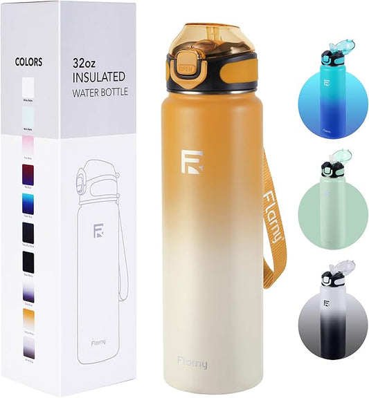 32 oz Insulated Water Bottle with Straw, Stainless Steel Metal Thermos Bottles, Durable Non-Slip Gradient Bottle with Strap for Sports and Travel, Leak Proof (Yellow White)