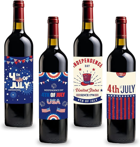 8 Pieces 4th of July Wine Bottle Labels American Patriotic Wine Bottle Stickers Red Blue Stars and Stripes Wine Bottle Cover Decorations for Memorial Day July 4th Party Supplies