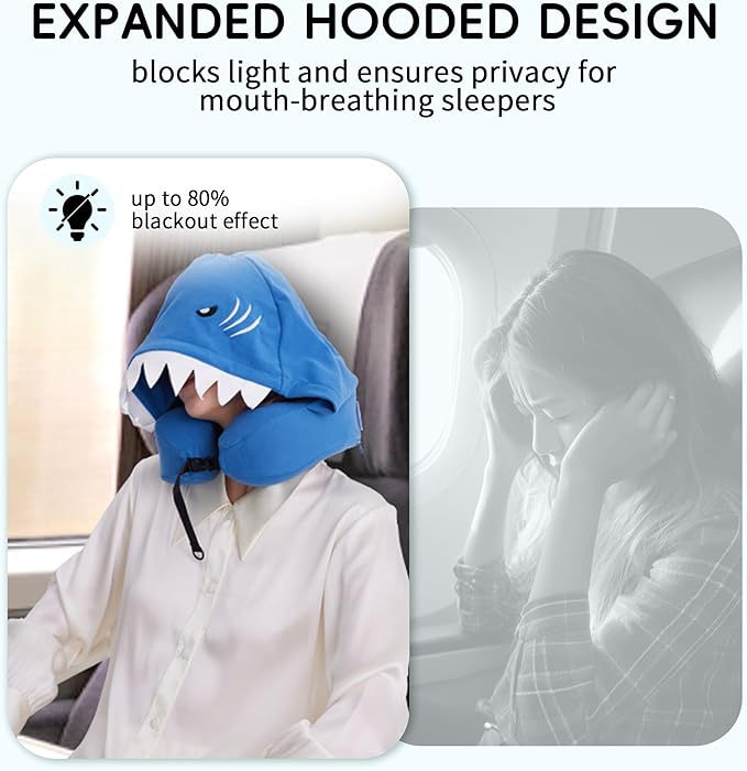 Hooded Neck Pillow for Kids and Adults, 100% Pure Memory Foam Upgraded Travel Pillow with Hood, Kids Neck Pillow for Airplane, Outdoor, Office, Soft, Washable, Easy Storage, Shark