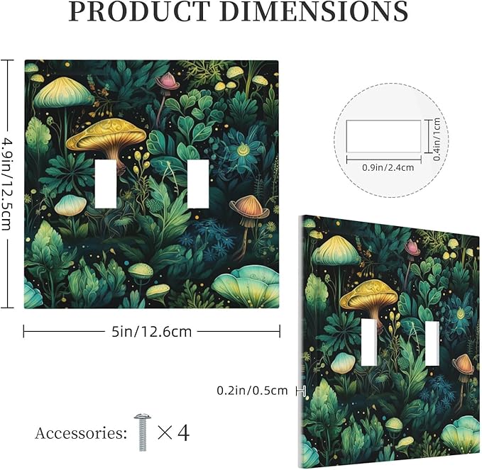 Green Dark Forest Mystical Mushroom Double Toggle Light Switch Covers 2 Gang Wall Plate Dual Decorative Switchplate Electrical Faceplate for Country Bathroom Bedroom Kitchen Decor