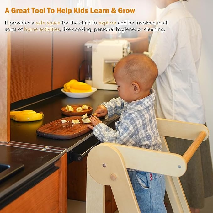 Kids Step Stool, Toddler Learning Tower, Easy Folding, Safety Rail with Lock, 3-Level Height Adjustable