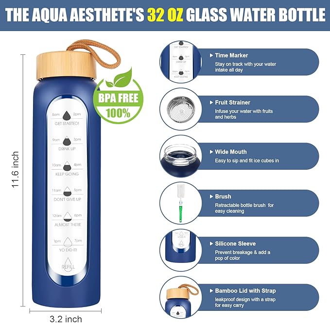 32 Oz Borosilicate Glass Water Bottle with Times to Drink | BPA Free - Reusable Wide Mouth Glass Motivational Water Bottles with Infuser & Silicone Sleeve (dark blue)