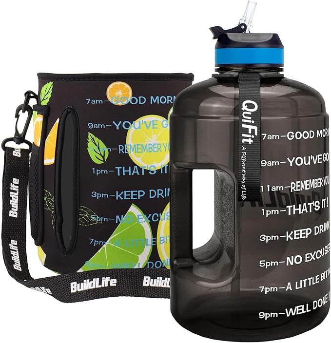 QuiFit Motivational Gallon Water Bottle - with Straw & Time Marker BPA Free Large Reusable Sport Water Jug with Handle for Fitness Outdoor Enthusiasts Leak-Proof
