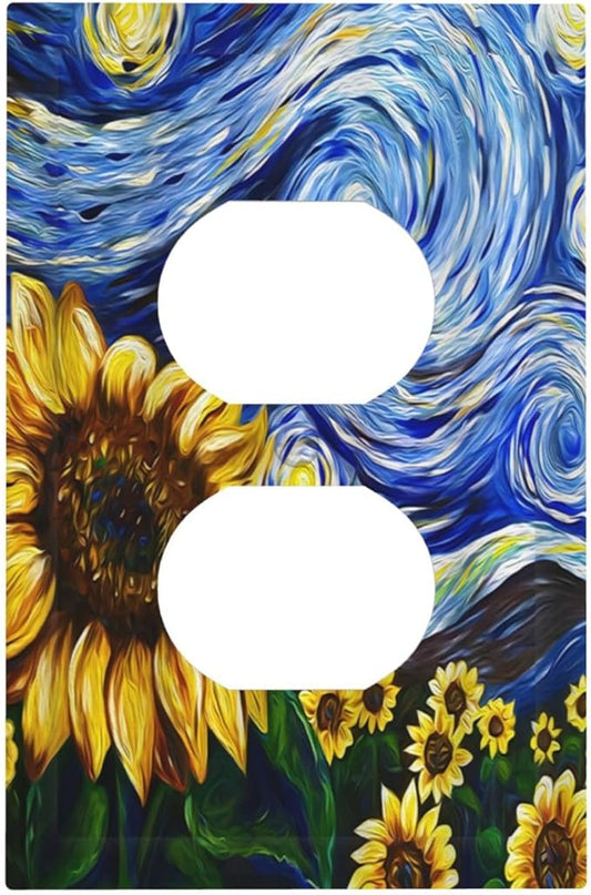 Vintage Abstract Blue Starry Sunflower Single Duplex Wall Plate Covers Light Switch Cover 1 Gang Outlet Plate Decorative Switchplate Covers Electrical Faceplate for Farmhouse Country Bedroom Decor