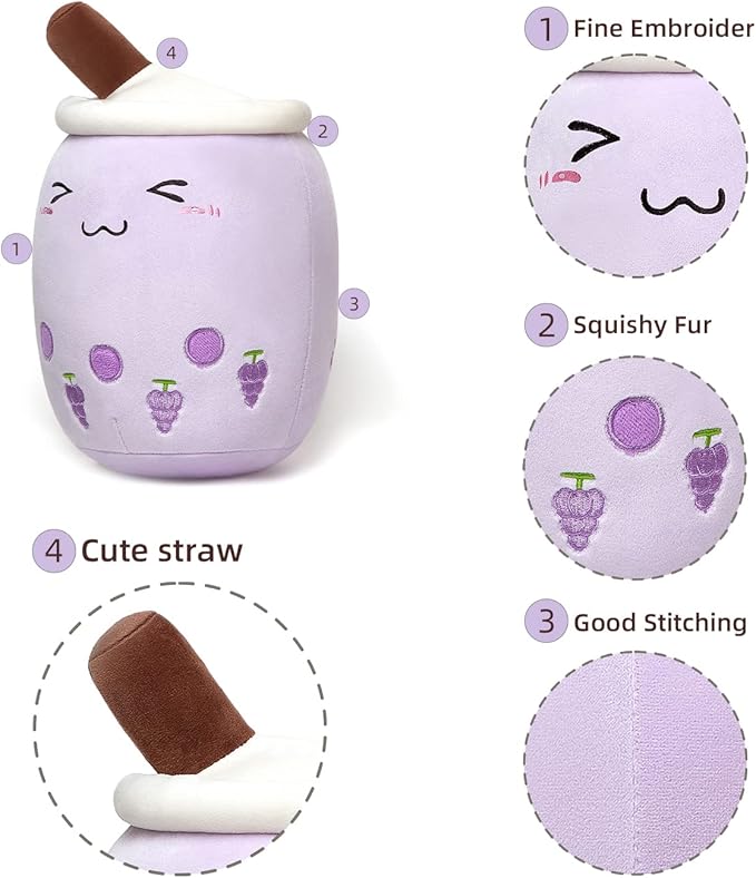 Niuniu Daddy Boba Plushies 13.7inch Purple Bubble Tea Stuffed Animals for Kids Kawaii Grape Fruit Cuddle Pillow for Toddler Huggling Pillow for Boys Gilrs