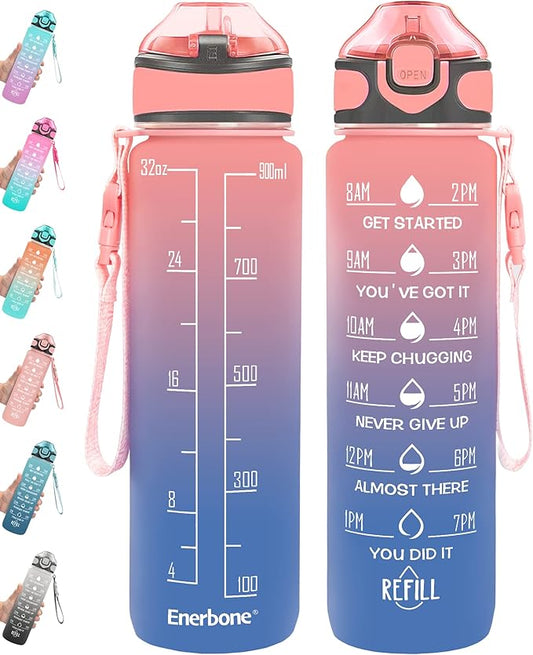 Enerbone 32 oz Drinking Water Bottle with Times to Drink and Straw, Motivational with Carrying Strap, Leakproof BPA & Toxic Free, Ensure You Drink Enough Water for Fitness Gym Outdoor