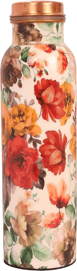 Pure Copper Water Bottle - Handcrafted - Ayurveda health benefits - Large 35 oz - Leak proof - Easy to carry for Sports, Fitness, Yoga, School - White Base Floral Vintage Colors Enamel