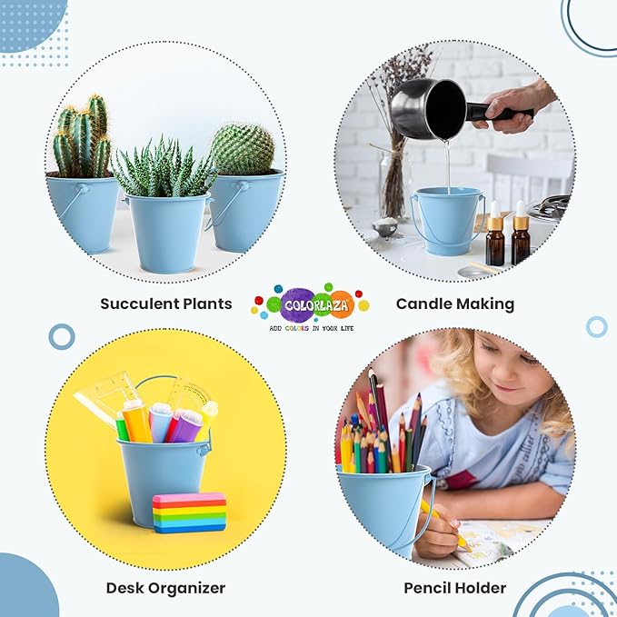 Small Metal Buckets with Handle 6 Pcs – Galvanized Bucket Leak Proof & Rust Resistant 20 fl oz Capacity - Best for Party Décor, Organizing & Decorating Classrooms (Blue, Small 4.3" Top)